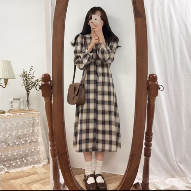 Midi Dress Flanel Korean Style, foto 4