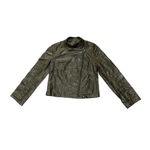 distressed olive green leather jacket stand collar