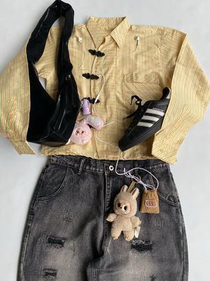 Unbrand yellow Striped shirt cheongsam boxy