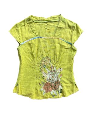 Soft Mori Lime Green Floral Embroidery Vintage Top