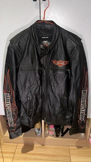 Harley Davidson men’s black leather riding jacket with flame