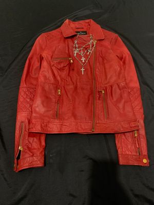 zara trf red leather jacket with gold hardware