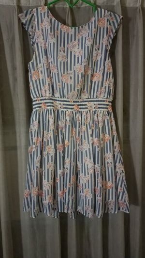 Dress Wanita Motif Floral Stripe Biru