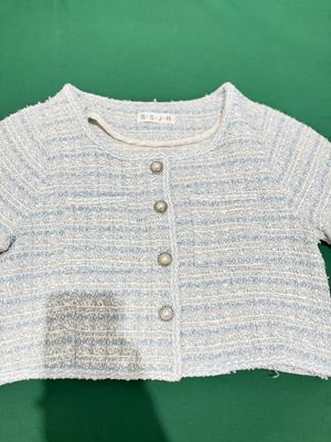 🌸 PRELOVED TWEED CROP CARDIGAN – SOFT BLUE 🤍 🌸