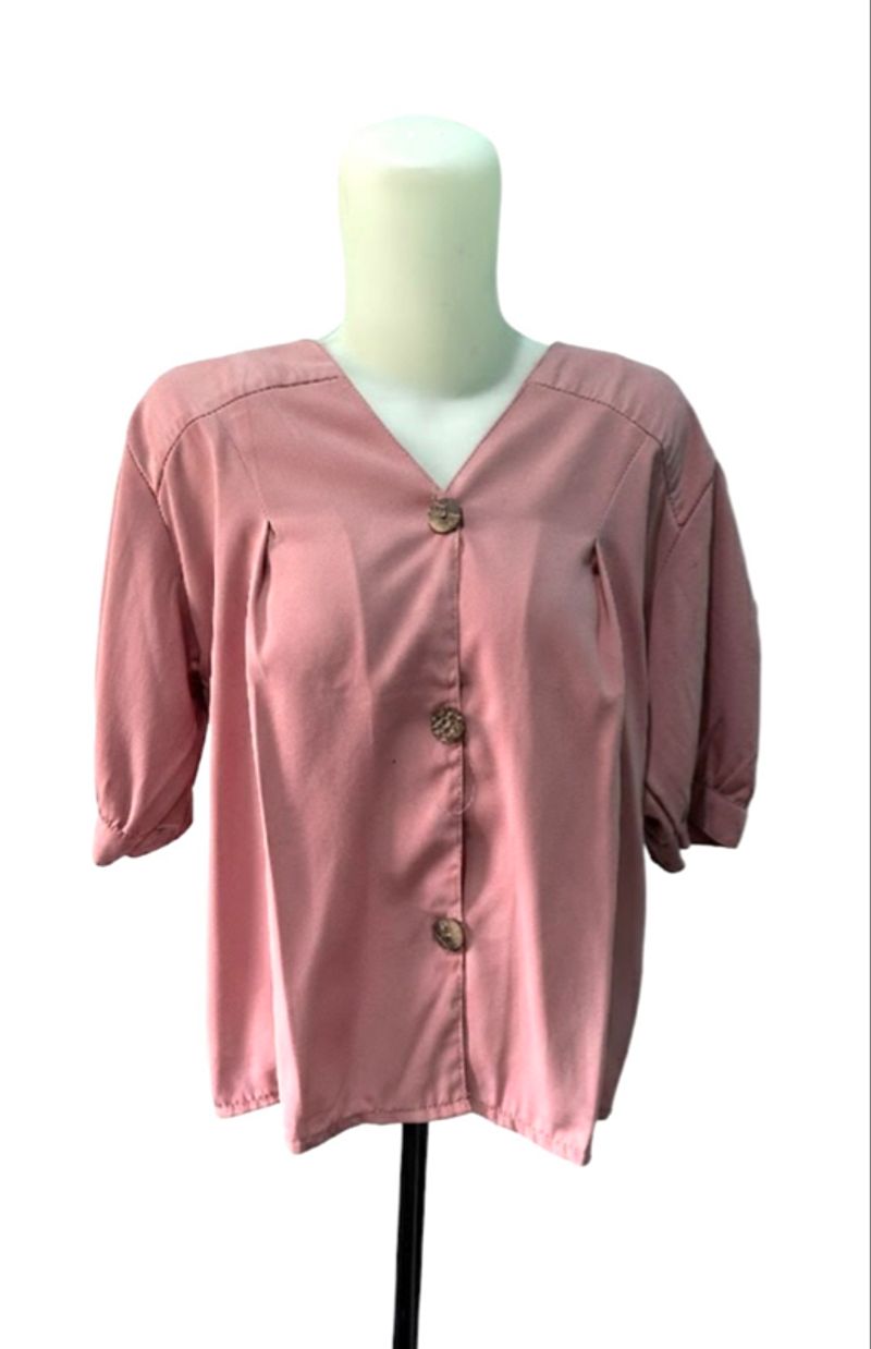 Blouse V-Neck Kancing Batok - Dusty Pink, foto 2