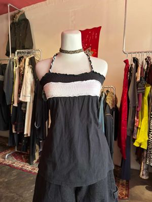 Thrift - black and white ruched halter top