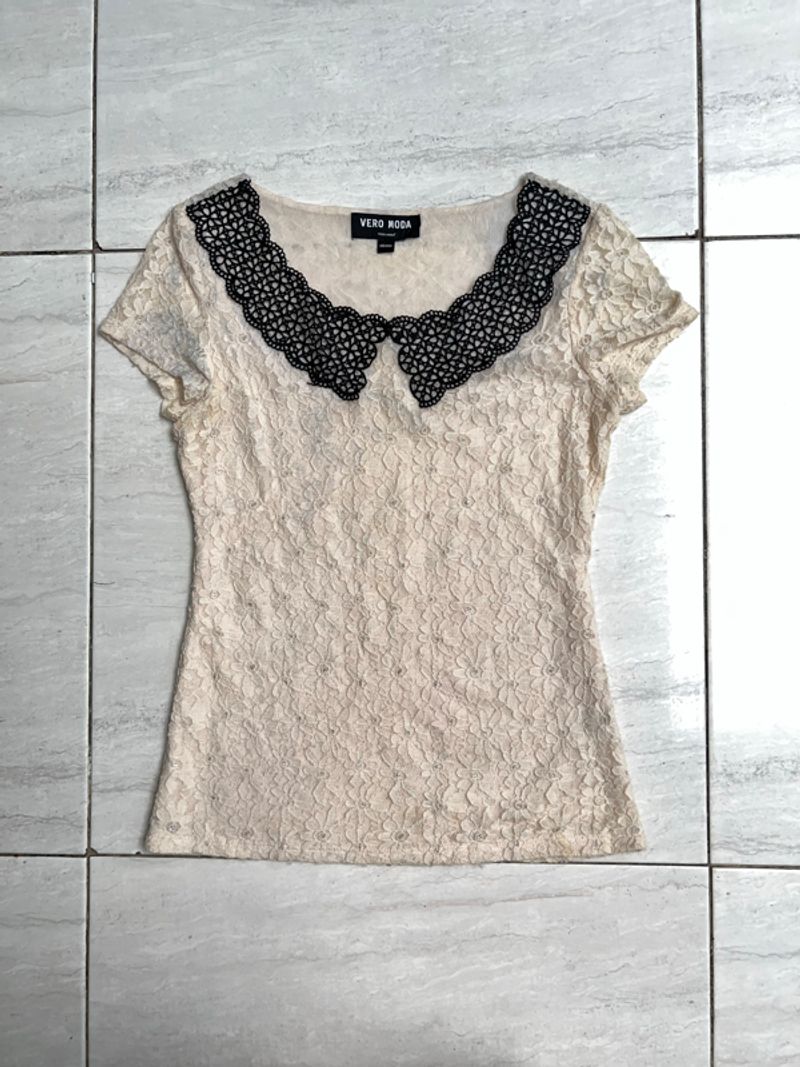 VERO MODA Cream Brokat T-shirt, foto 4