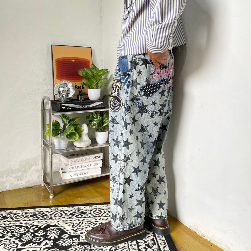 Emo baggy jeans full print start Y2K, foto 2