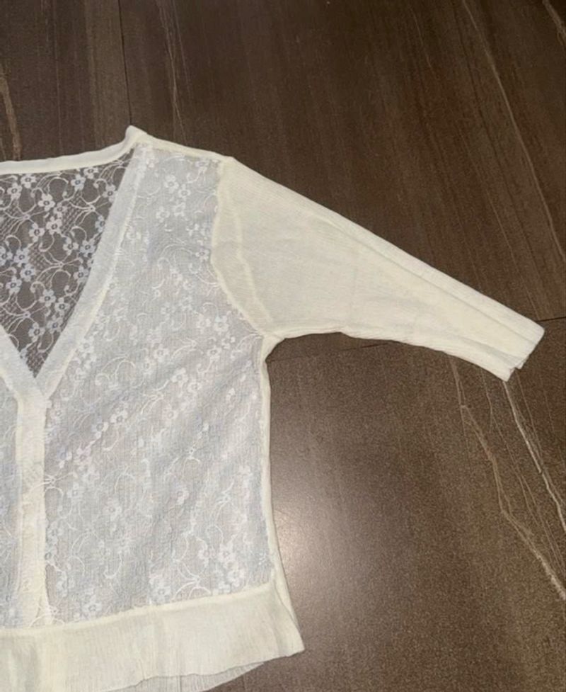 Y2K Lace Cardigan Cropped White Button Transparent Backless, foto 6