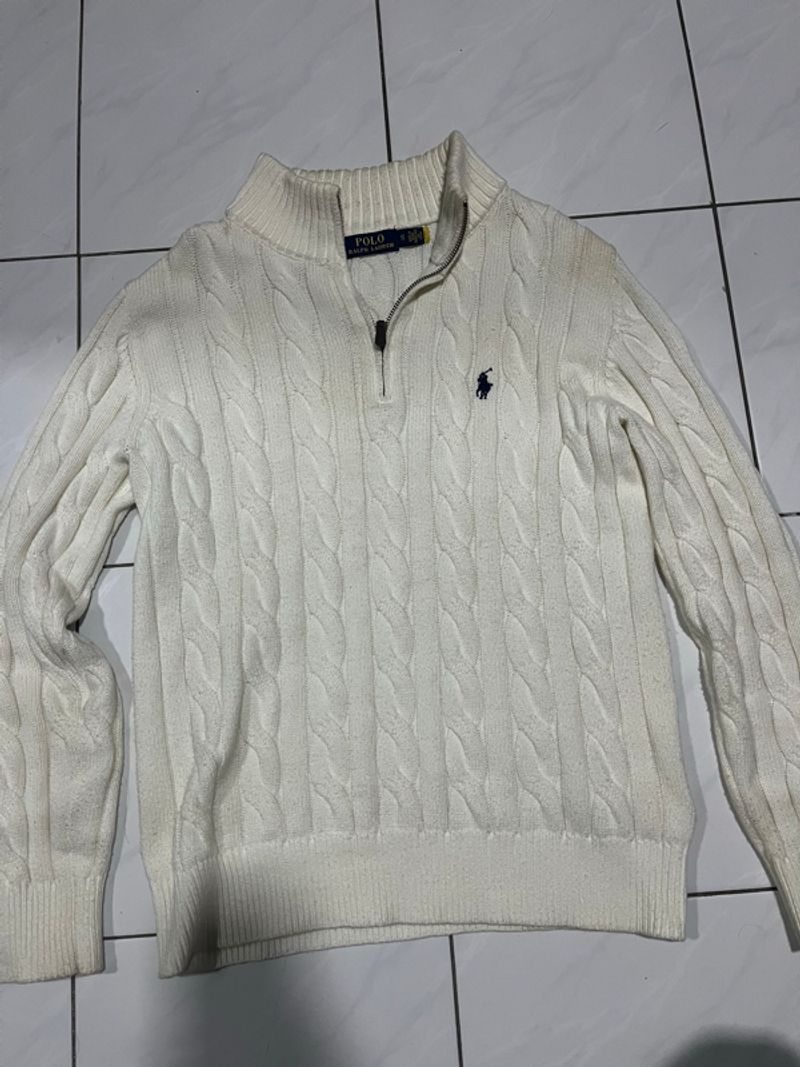 Halfzip Cableknit polo ralph laurent Cream/White, foto 2