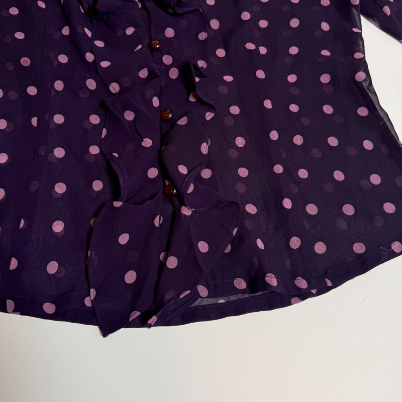 Otto Purple Pink Polkadot Ruffle Collared Sheer Button Up Bl, foto 5