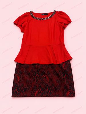 Midi Red Peplum Black Lace Dress