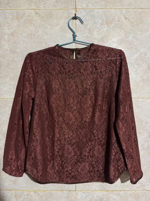 Blouse Brokat Wanita Coklat Elegan – Long Sleeve Lace Top Se