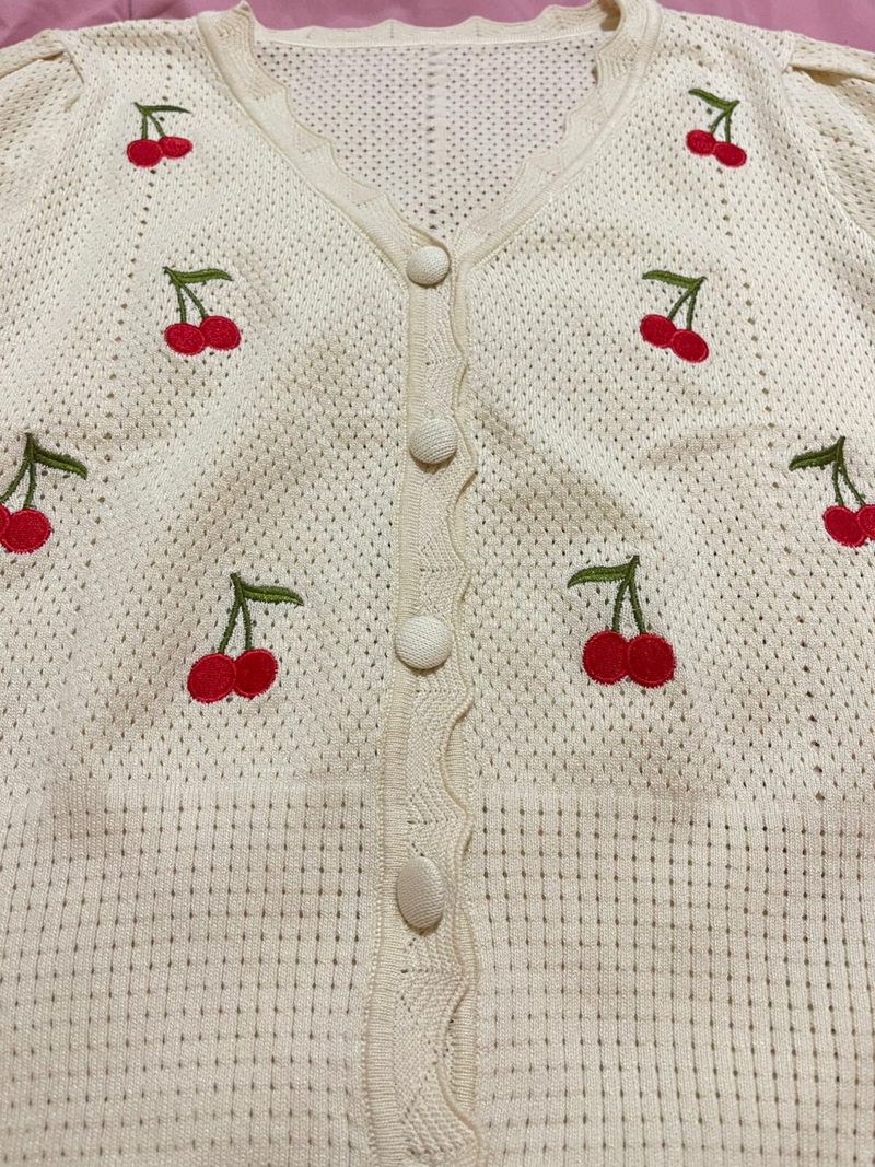 Cute Cherry Embroidery Knit VNeck, foto 2