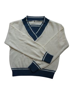 beige blue sweater
