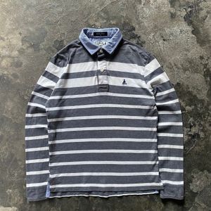 Bean Pole Rugby Shirt — White Grey Striped Polo Shirt