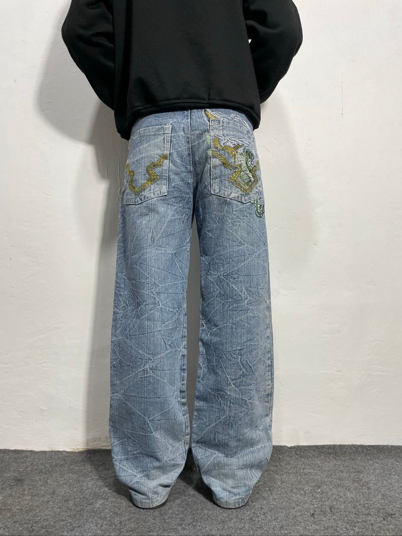 • Y2K LIGHT BLUE EMBROID PATTERN LIGHTNING JEANS•, foto 2