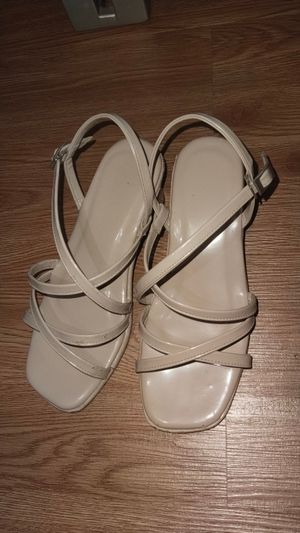 Heels hak tahu kotak tali cream uk 37 wanita sepatu 3cm