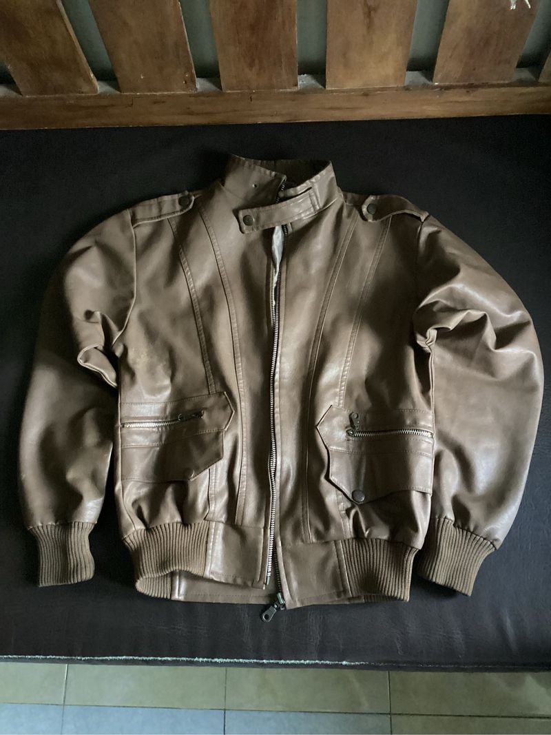 Jaket Zipper Leather brown basic Crop, foto 2