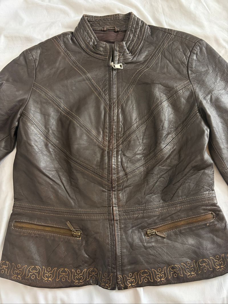 in Extenso Embordired Brown Genuine Leather Jacket, foto 6